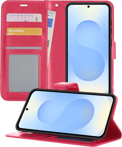 Hoesje - Geschikt voor Samsung Galaxy S25 - Luxe Bookcase - Walletcase Hoes - Portemonnee - Cover - Telefoonhoes - Donkerroze