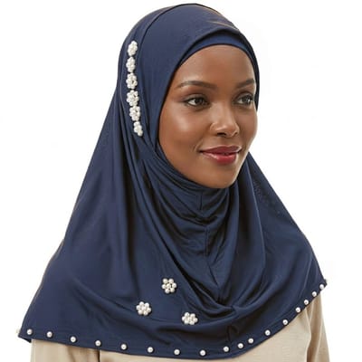 Marineblauwe hoofddoek dames jersey hijab muts met studs volledige kinbedekking rekbare hoofddoek sjaal Ramadan stijl effen stretch hoofdbedekking met parel details direct draagbaar