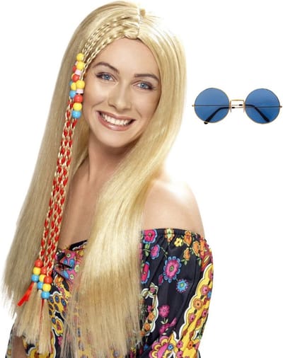 Smiffys Hippie Sixties verkleedset dames - Pruik lang haar blond - bril met ronde glazen blauw - Flower Power thema