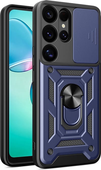 MobyDefend Hoesje - Geschikt voor Samsung Galaxy S25 Ultra - Pantsercase Met Draaibare Ring - Blauw