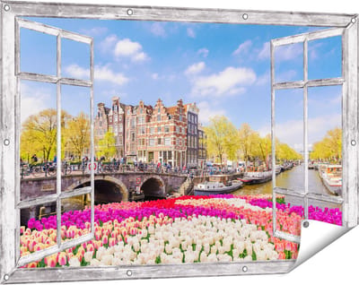 Gards Tuinposter Doorkijk Amsterdamse Huisjes aan de Grachten - 120x80 cm - Tuindoek - Tuindecoratie - Wanddecoratie buiten - Tuinschilderij
