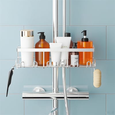 Doucheplank zonder boren voor douchestang (alleen voor ronde stangen 19 mm-25 mm) - doucheplank opbergrek roestvrij staal, shampoo, zeephouder (zilver)