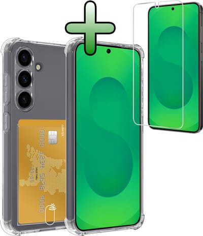 Hoesje Geschikt voor Samsung Galaxy S25 - Met Screenprotector - En Pashouder - En Kaarthouder - Telefoon Hoes Shockproof - Siliconen Case - Back Cover - Shock Proof - Pasjes Houder - Transparant