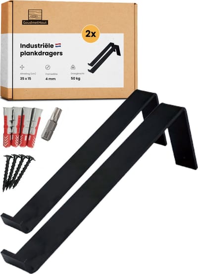 GoudmetHout® Industriële Plankdragers L-vorm - 35 cm - Stalen Plankdrager voor Wandschap, Muurrek of Wandconsole - Max 50 kg - 2 Stuks - Mat Zwart