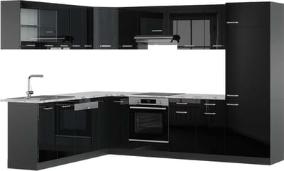 Vicco Hoekkeuken R-Line, Zwart hoogglans/Antraciet, 287 x 227 cm, WB Marmer