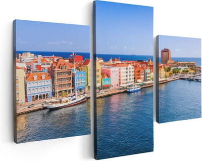 Artaza Canvas Schilderij Drieluik Willemstad Centrum in Curaçao  - 90x60 - Foto Op Canvas - Canvas Print