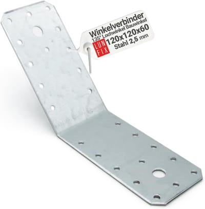 Hoekverbinder 135 graden - Verzinkt staal - Houtverbindingen maken - Zware belasting 2.5mm dik - 120x120x60 mm - Zilver