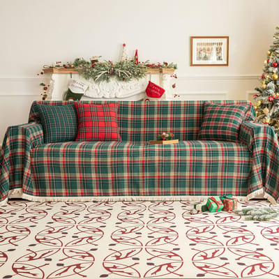 Housse de canapé à carreaux de Noël avec pompon Lavable Housses de canapé Protection de meubles de canapé Housse de siège Serviette de canapé pour salon 180x230cm gray