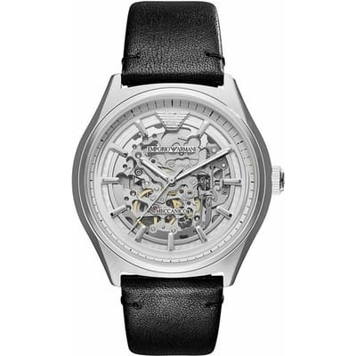 Emporio Armani AR60003 Automatisch Zwart Leren Skeleton Herenhorloge 43mm zwart