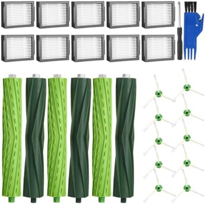 Reserveonderdelen compatibel met iRobot Roomba i7 i7+ i3 i3+ i4 i4+ j7 j7+ i8 i8+ E5 E6, accessoires voor iRobot Roomba E/I/J-serie, 3 sets rubberen borstels, 10 hoogwaardige filters, 10 zijborstels .