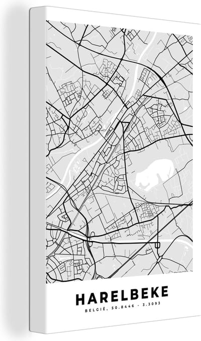 Canvas Schilderij Plattegrond – Harelbeke – Zwart Wit – Stadskaart - Kaart - 20x30 cm - Wanddecoratie