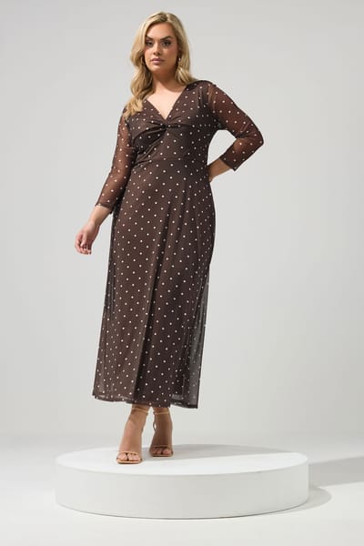 Yours London Chocoladebruine Jurk Met Stippen En Knoop Aan De Voorkant Size 42