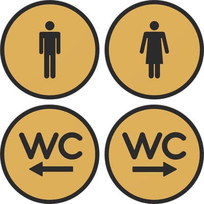 12,5 cm Rond 4 bordjes man-vrouw-WC pijl links-WC pijl rechts Goud - Zwart | PLA toilet bordjes | 125 mm rond 3 mm dik | Goud Zwart | Bio plastic