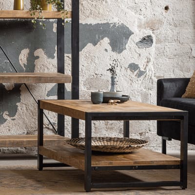 Mangohouten Salontafel Britt tweelaags 110 cm Mahom Industrieel - Kleine tafel van Mangohout & Metaal - Industriële Huiskamertafel