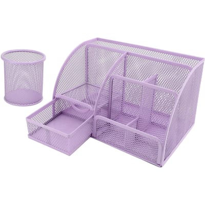 Ensemble Porte-Stylo Grille Métallique 7 Compartiments Organisateur de Papeterie Multifonctionnel avec Tiroir pour Bureau violet
