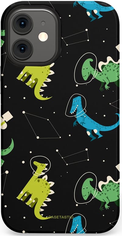 Casetastic hoesje geschikt voor Apple iPhone 12 Mini - Dubbellaagse bescherming - Dino in de sterren - Fashion Case - Zwart Groen