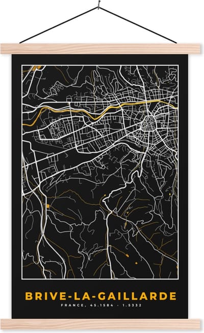 Posterhanger incl. Poster 40x60 cm - Schoolplaat - Plattegrond - Brive-la-Gaillarde - Kaart - Frankrijk - Stadskaart - Textielposter - Blanke latten - Stadskaart