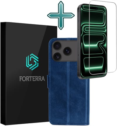 Hoesje Met Screenprotector - Geschikt voor Apple iPhone 17 Pro - Luxe Pasjeshouder - Flipcase - Bookcase Portemonee - Flip Case - Kunstleer Book Case - Book Cover - Walletcase - Portemonneehoes - Donkerblauw