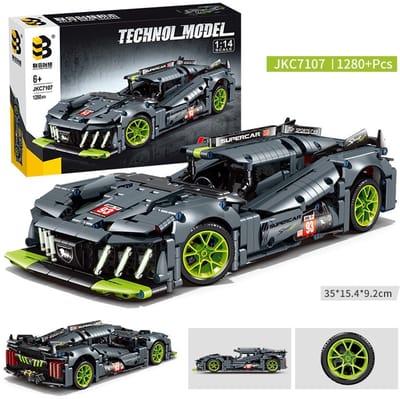 Supercar-bouwset, automodelbouwspeelgoed op schaal 1:14, racewagen /verjaardags- en vakantiecadeaus Groen en Grijs (1280 stuks)