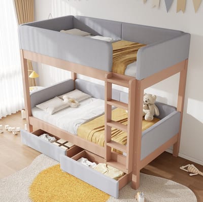 COVREO Stapelbed kind 90x200 cm met 2 lades, ladder en uitvalbeveiliging, grijs naturel