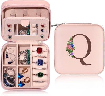 Sieradendoos met Initialen Q Bloem Decoratie - Compact Reisorganizer met Spiegeltje voor Vrouwen en Meisjes