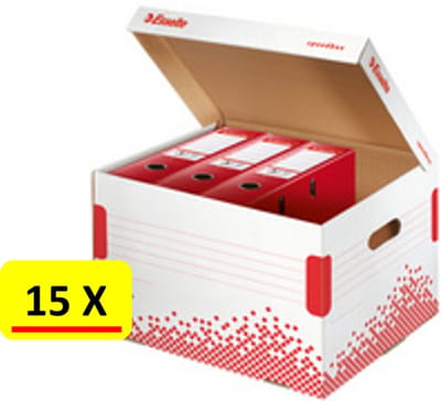 15 X Archiefdoos Esselte Speedbox -voor ordners - rood/wit gerecycleerd karton - 33 x 39 x 30 cm