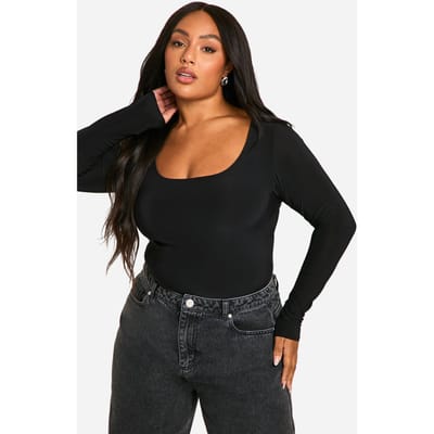 Dames Boohoo Basics Plus Double Laag Slinky Scoop Bodysuit | Zwart | Maat: 44
