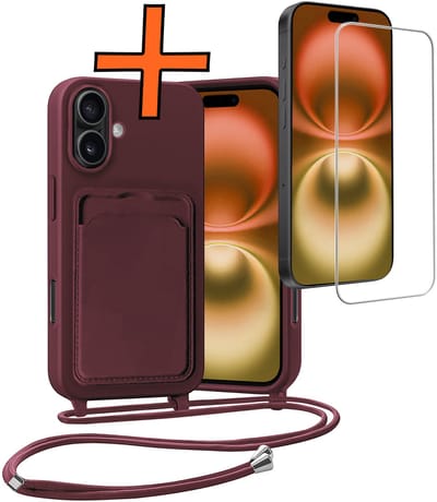 Hoesje Geschikt voor iPhone 16 Plus Hoesje Met Telefoonketting Pasjeshouder Case Met Screenprotector Koord - Hoesje Geschikt voor iPhone 16 Plus Hoes Met Kaarthouder - Aubergine