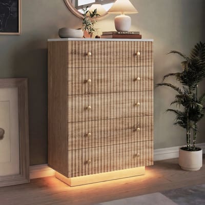 Commode 5 Tiroirs en Bois avec LED Ambiance, Rangement Haute, Sécurité Anti-Basculement
