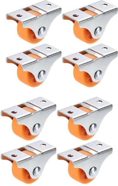 bokwielen, 8 stuks, kleine bokwielen met stalen bovenplaat, rubberen meubelwielen, mini-transportwielen voor meubels, gereedschapskisten, trolleys, universele zwenkwielen, klein, oranje