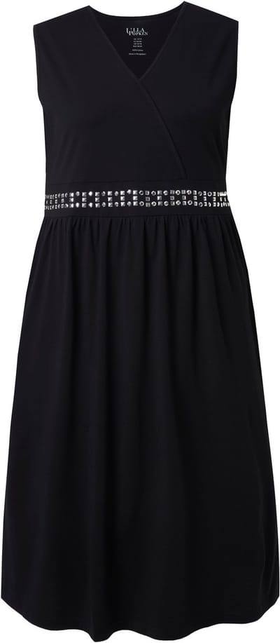 Ulla Popken - Dames - Midi-jurk borduursel wikkellook V-hals mouwloos - Zwart - Maat 50+