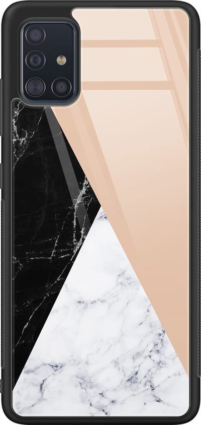 Hoesje geschikt voor Samsung Galaxy A51 - Marmer zwart bruin - Luxe Glazen Hardcase - Marmer - Multi