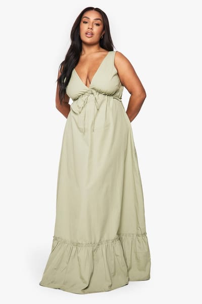 boohoo Dames Plus Katoenen Popeline Maxi-Jurk met Ruche en Strikdetail | Verstandig | Maat: 44