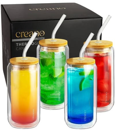 Dubbelwandige drinkglazen met bamboedeksel en rietje - Smoothie beker - Bubble Tea - Cocktail glas - Set van 4