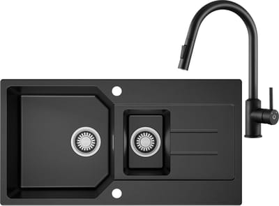Anycee max Granieten Keuken 86x45CM - Spoelbak Keuken 1.5 Met Keukenkraan - Spoelbakken Keuken Met Primaire en Tweede Bak - Wasbak Keuken - Incl. Sifon en Afvoerzeefje - Zwart