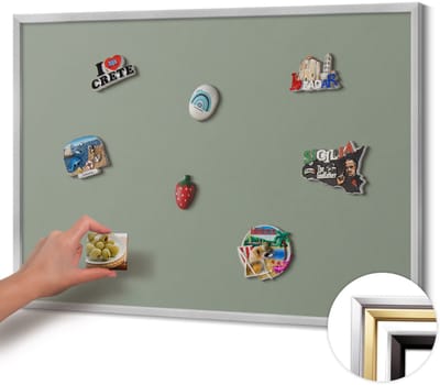 Wallfluent - Olijf Magneetbord in Effen Kleuren - 100 cm x 70 cm - Magneetbord met Zilveren Frame - Licht olijfkleur - Magnetisch Bord Kindvriendelijk - Magnetisch Bord Rechthoekig - Memobord Magnetisch