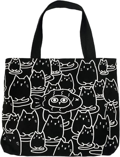Allecto Plus - Schattige katten canvas draagtas met ritssluiting voor vrouwen - Herbruikbare katoenen tas voor school, winkelen en werk - Zwart - Kleine maat