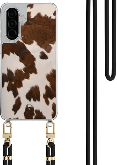Telefoonhoesje met koord geschikt voor Samsung A56 - Cow vibe - Inclusief Zwart koord - Transparant, Bruin - Print - Crossbody beschermhoes - Met Telefoonketting