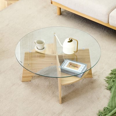 MODENUIT Salontafel - Ronde Glazen Tafel Voor Woonkamer En Balkon - MDF In Houtlook En Transparant - Ø80x36 cm