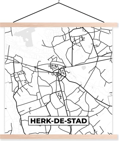 Posterhanger incl. Poster 40x40 cm - Schoolplaat - Zwart Wit – België – Plattegrond – Stadskaart – Kaart – Herk de Stad - Textielposter - Blanke latten - Stadskaart
