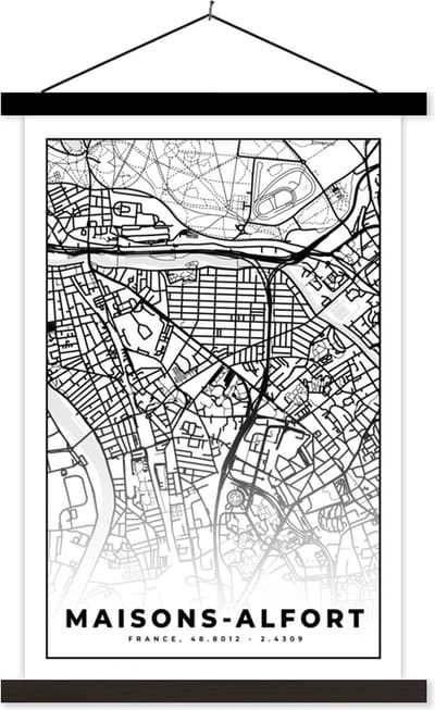 Posterhanger incl. Poster 40x60 cm - Schoolplaat - Stadskaart - Plattegrond - Maisons-Alfort - Kaart - Frankrijk - Zwart wit - Textielposter - Zwarte latten - Stadskaart