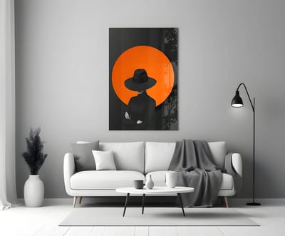 Glasschilderij Vrouw met Hoed - Moderne Minimalistische Kunst - Oranje Zwart Wanddecoratie - 90 x 60 cm