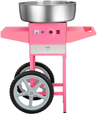 Elektrische Suikerspinmachine met Trolley (1000 W), Uitgerust met 52 Cm Roestvrijstalen Kom, Suikerschep En Lade - Ideaal voor Kinderfeestjes En Familiefeesten In Roze