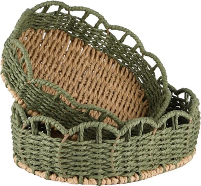 Dekoratief | Set 2 manden ovaal, naturel/groen, jute, 28x21x9cm | A250078