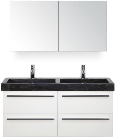 Seville Badmeubelset 120 cm - 4 Laden Wit Hoogglans - Wastafel Hardsteen Wit Lucca met Spiegelkast