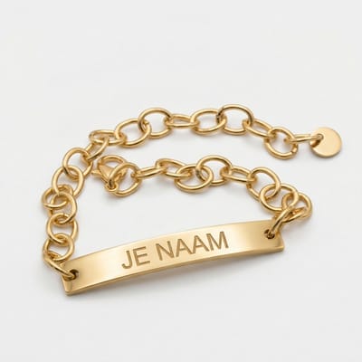 Armband met graveer, Armband met naam, Armband - gepersonaliseerd - goudkleurig - met naamplaatje - verstelbaar, Armband met naamplaatje ,graveerarmband