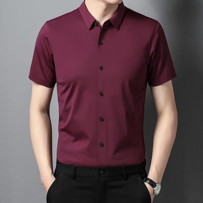 Effen Kleur Ijszijde Strijkvrij Shirt met Korte Mouwen Heren Naadloos Ademend Sneldrogend Shirt Heren Elastisch Half-mouw Zakelijk Herenkleding XL brown