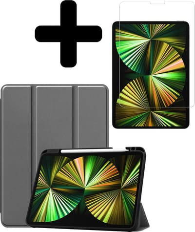 Hoesje - Geschikt voor Apple iPad Pro (2021) - 12.9 inch - Met Screenprotector - Trifold Bookcase Hoes - Hard Cover Case - Met Uitsparing Geschikt voor Apple Pencil - Hardcover Book - Tablethoes - Grijs