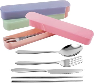Bestek met etui, reisbestek met lepel, vork en mes, campingbestek, roestvrijstalen bestekset met etui, bestek om mee te nemen voor school, kantoor, reizen, camping
