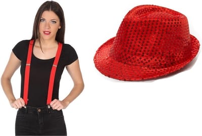 Folat - Verkleedkleding set - Glitter hoed/bretels rood volwassenen